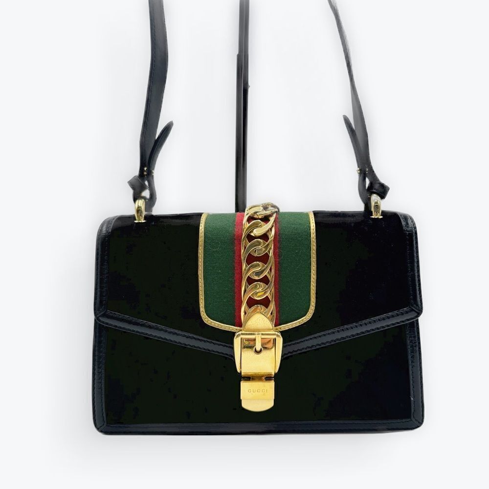 Auth Gucci Black Velvet GG Monogram Sherry Line Small Sylvie Shoulder Bag